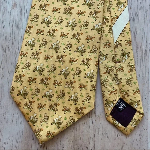 Salvatore Ferragamo Yellow Gold Teddy Bear riding Pony Silk Tie! Like new - Picture 1 of 6